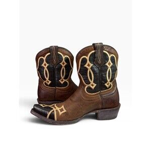 Ariat Nova Short Cowboy Boots Mahogany Brown & Black Embossed Lizard $210 Sz 6.5